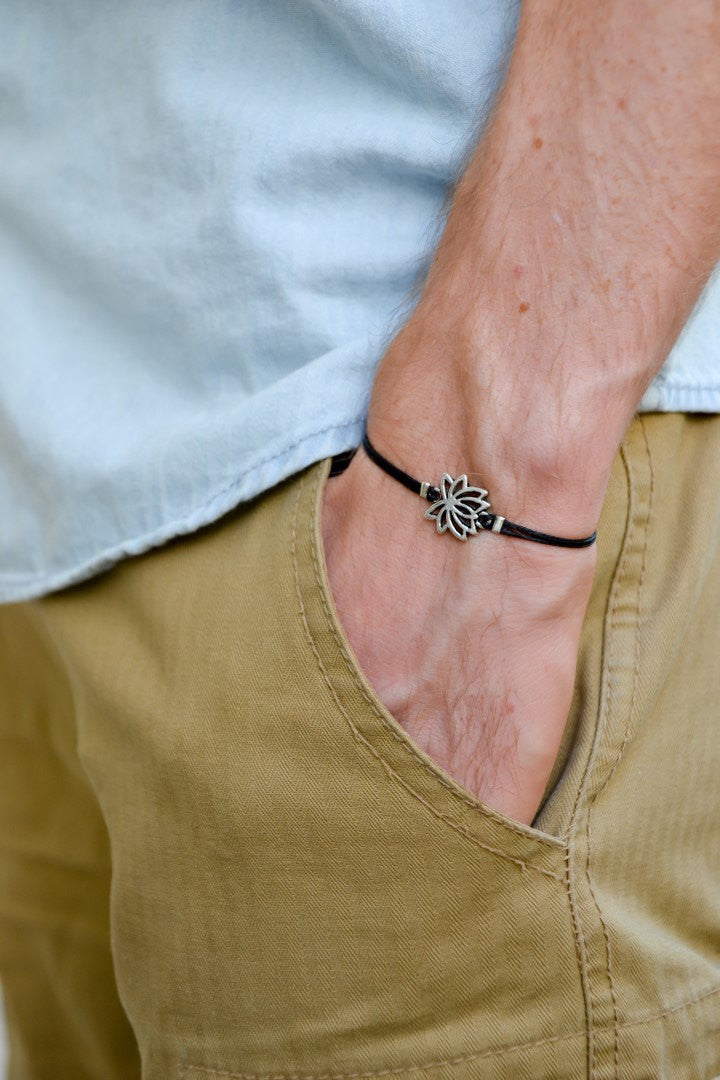 Tibetan silver Lotus bracelet for men, black cord - shani-adi-jewerly
