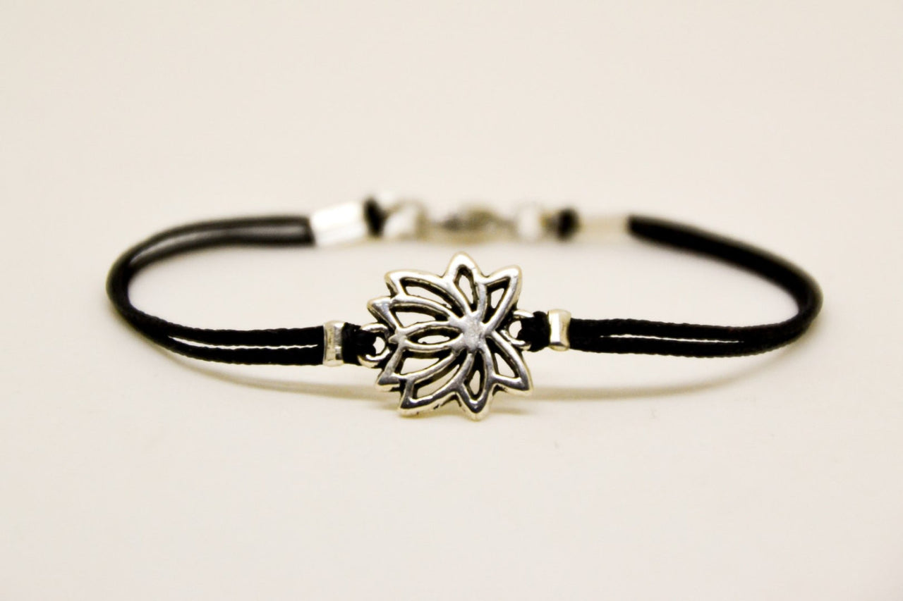 Tibetan silver Lotus bracelet for men, black cord - shani-adi-jewerly