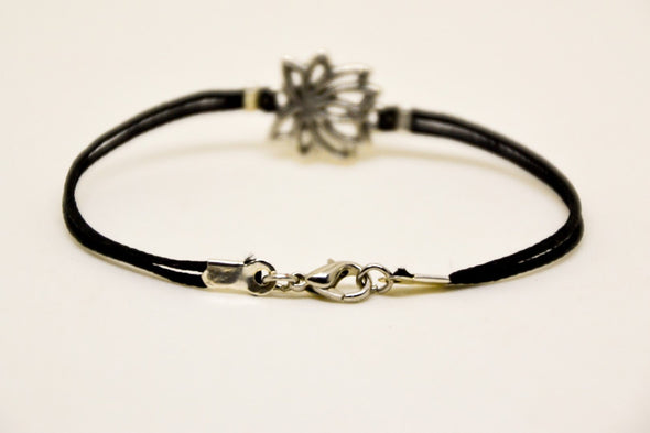 Tibetan silver Lotus bracelet for men, black cord - shani-adi-jewerly