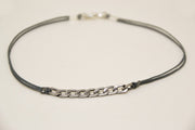Men's anklet with a silver flat chain and a gray cord - shani-adi-jewerly