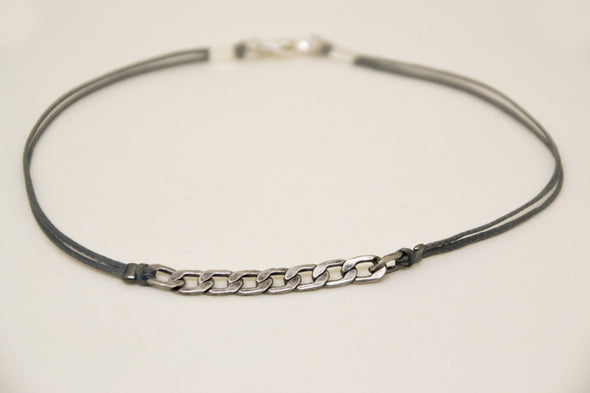 Men's anklet with a silver flat chain and a gray cord - shani-adi-jewerly