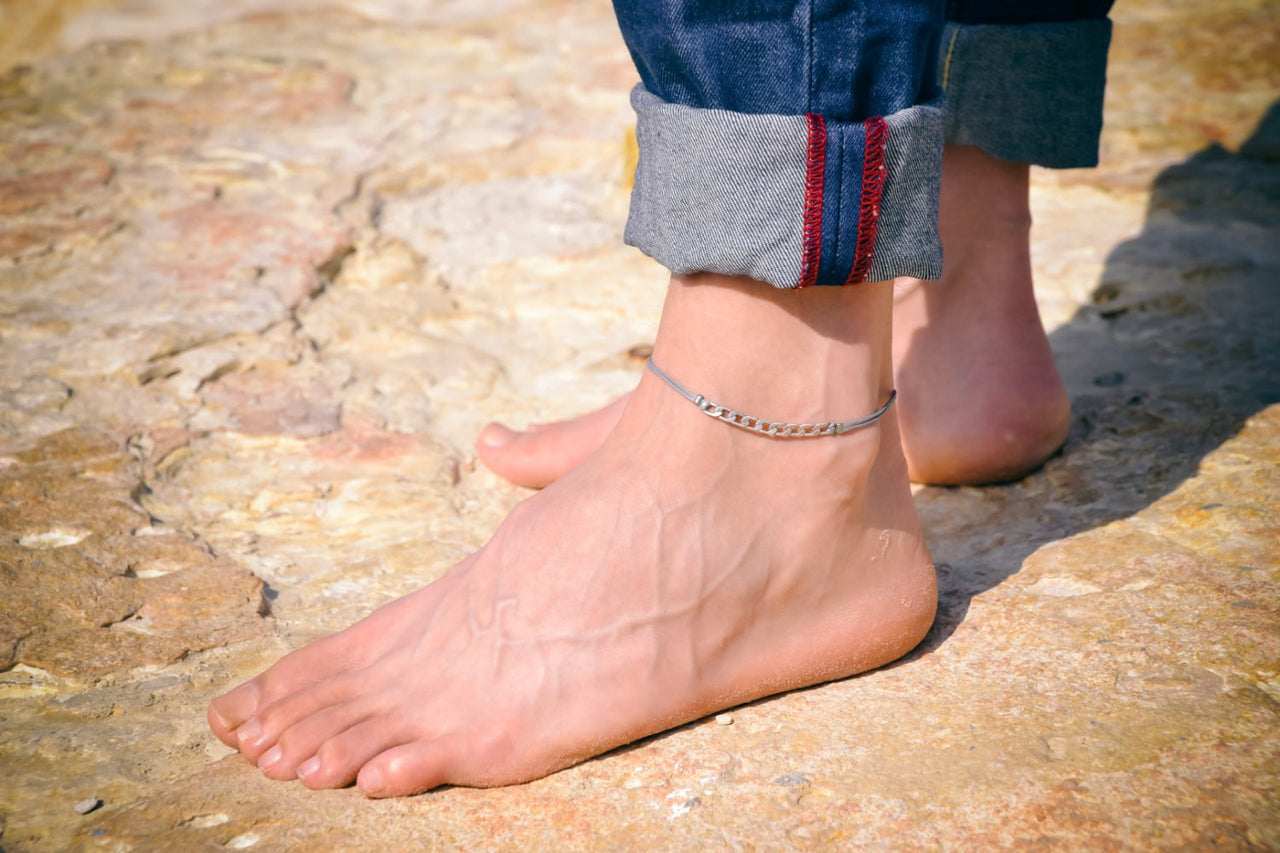 Men's anklet with a silver flat chain and a gray cord - shani-adi-jewerly