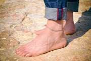 Men's anklet with a silver flat chain and a gray cord - shani-adi-jewerly
