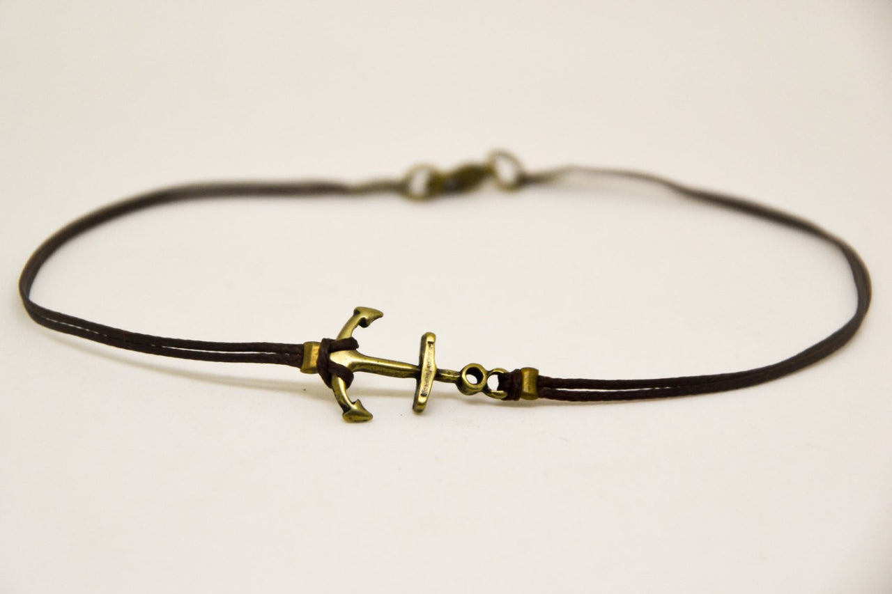 Bronze anchor anklet for men, brown cord - shani-adi-jewerly