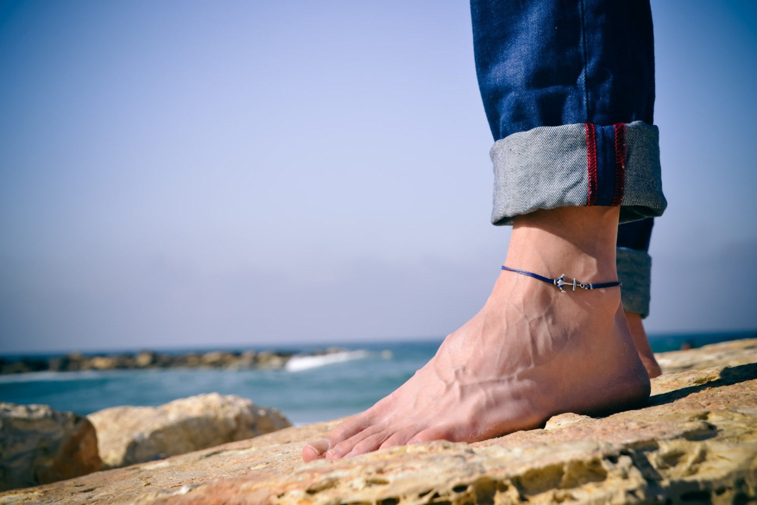 Men's anklet with a silver anchor, blue cord - shani-adi-jewerly
