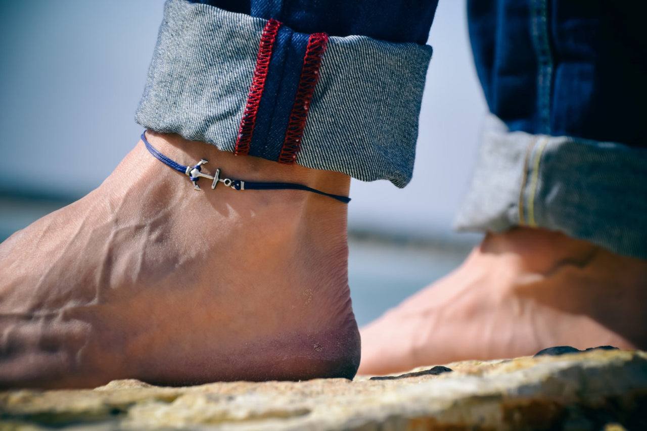 Men's anklet with a silver anchor, blue cord - shani-adi-jewerly
