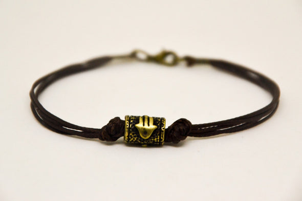 Bronze Hamsa bracelet for men, brown cord - shani-adi-jewerly