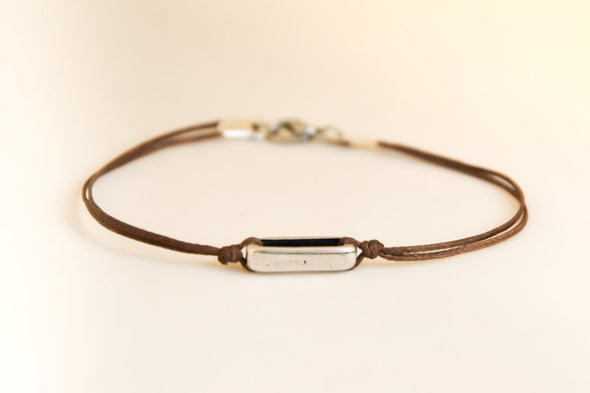 Men's bracelet with a silver rectangle bead, Brown cord - shani-adi-jewerly