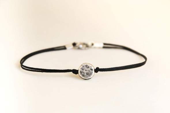 Silver round charm bracelet for men, black cord - shani-adi-jewerly