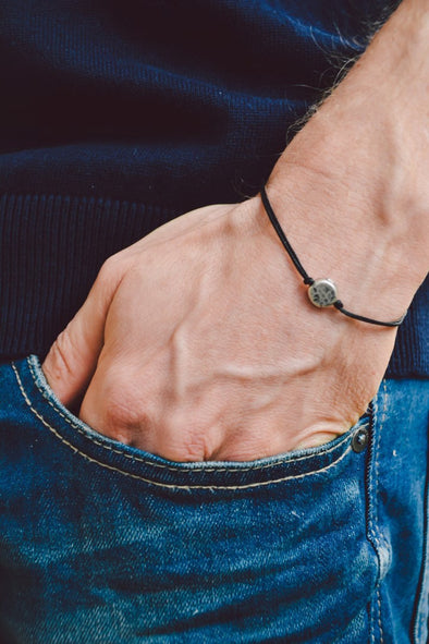 Silver round charm bracelet for men, black cord - shani-adi-jewerly