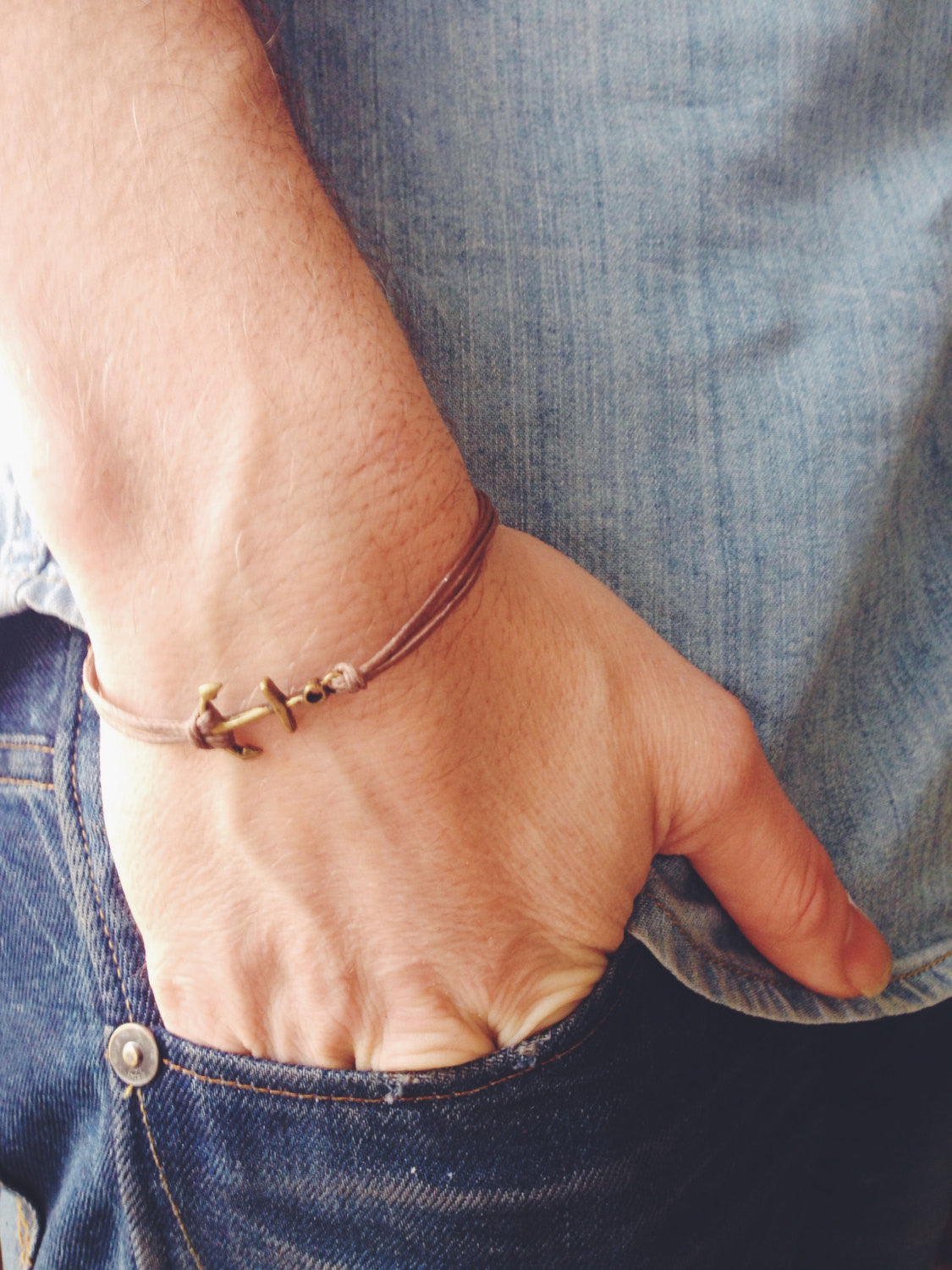 Bronze anchor bracelet for men, brown cords - shani-adi-jewerly