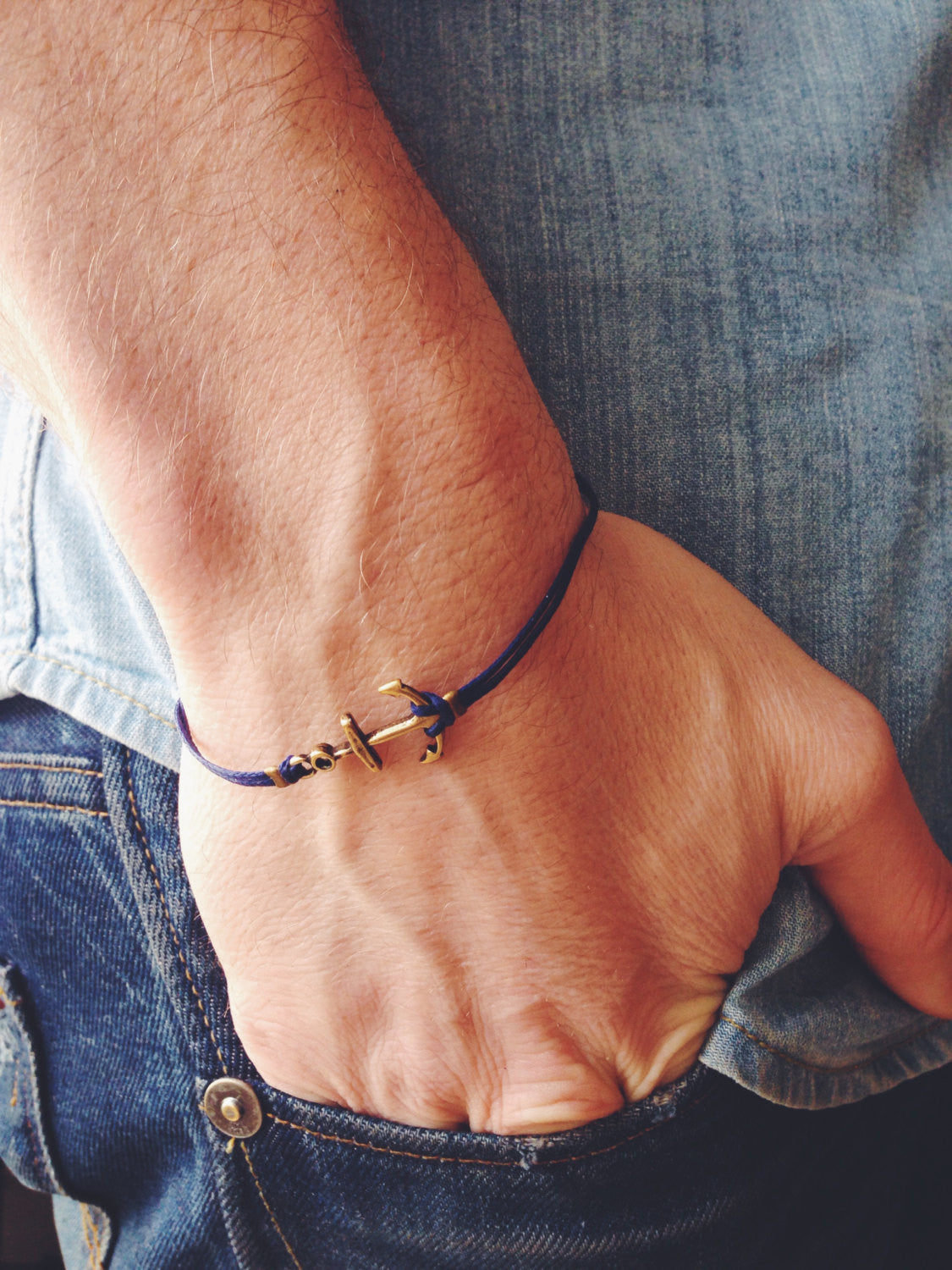 Bronze anchor bracelet for men, blue cord - shani-adi-jewerly