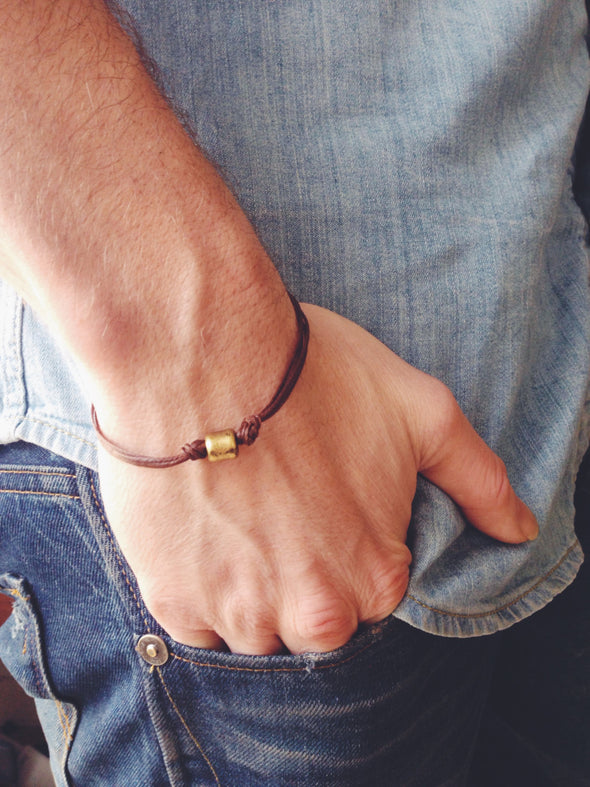 Bronze tube bracelet for men, brown cord - shani-adi-jewerly