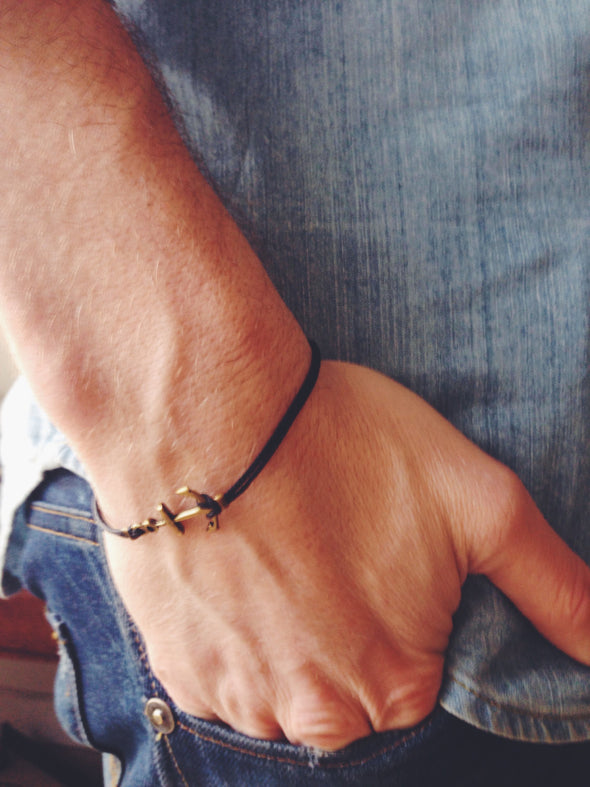 Bronze anchor bracelet for men with black cord, nautical surfer jewelry - shani-adi-jewerly