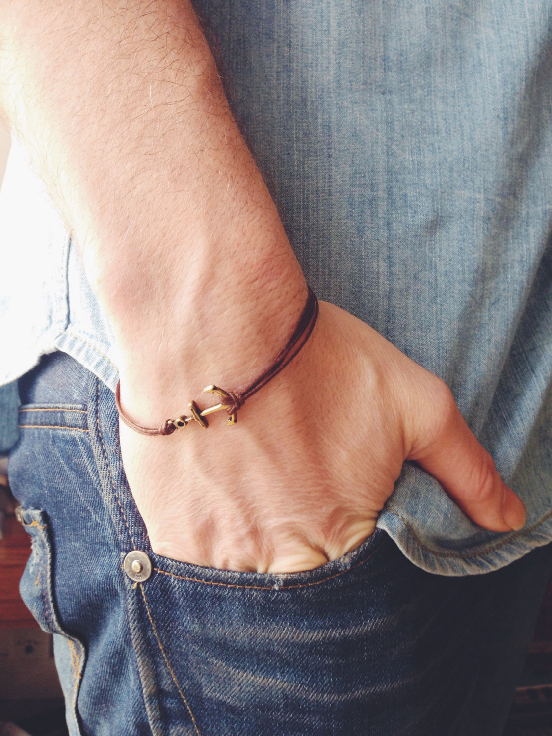 Brown cords bronze anchor bracelet for men - shani-adi-jewerly