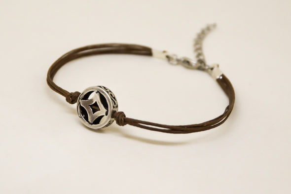 Brown cord bracelet with decorated silver circle bead charm - shani-adi-jewerly