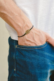 Bronze Leaf bracelet for men, black cord - shani-adi-jewerly
