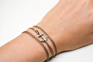 Brown wrapped bracelet with silver anchor charm - shani-adi-jewerly