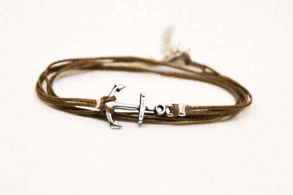 Brown wrapped bracelet with silver anchor charm - shani-adi-jewerly