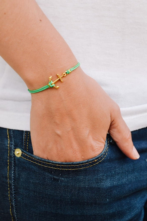 Gold anchor bracelet for women, green cord, nautical beach jewelry - shani-adi-jewerly