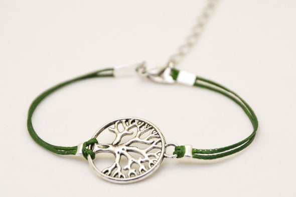Silver tree of life bracelet, green cord - shani-adi-jewerly