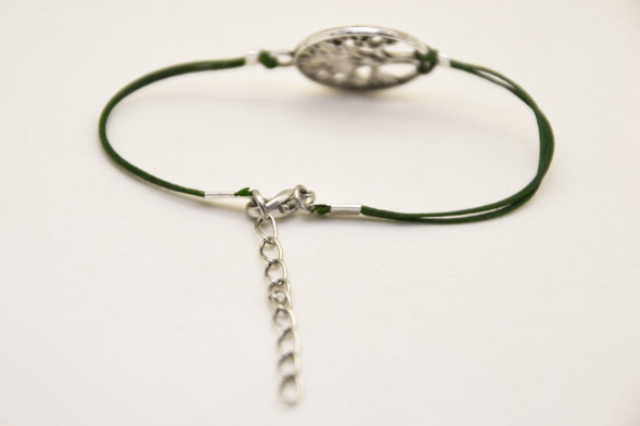 Silver tree of life bracelet, green cord - shani-adi-jewerly