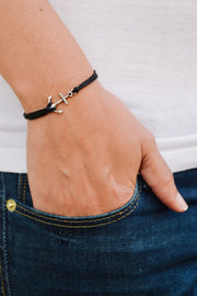 Silver anchor bracelet, double black cord - shani-adi-jewerly