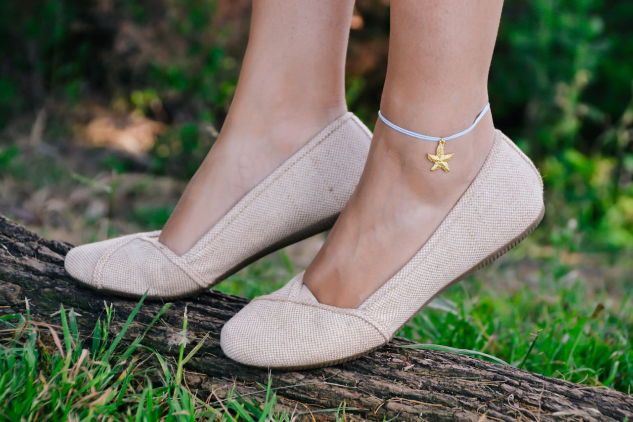 Ankle bracelet with a gold plated starfish dangle charm, blue cord - shani-adi-jewerly