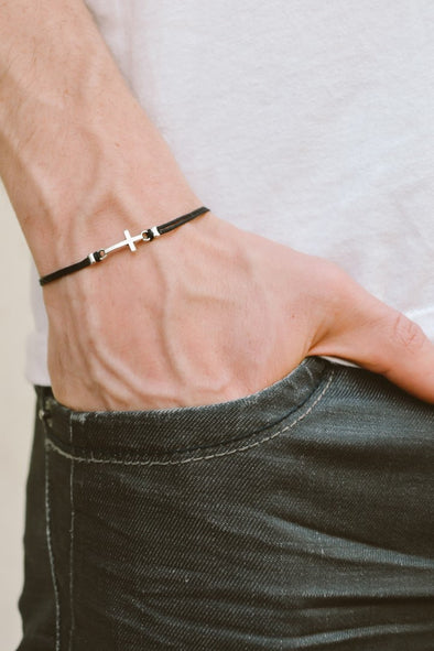 Cross bracelet for men, black cord - shani-adi-jewerly