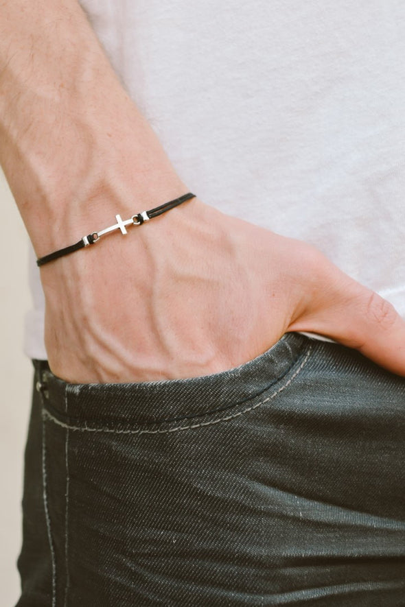 Cross bracelet for men with black cord - shani-adi-jewerly
