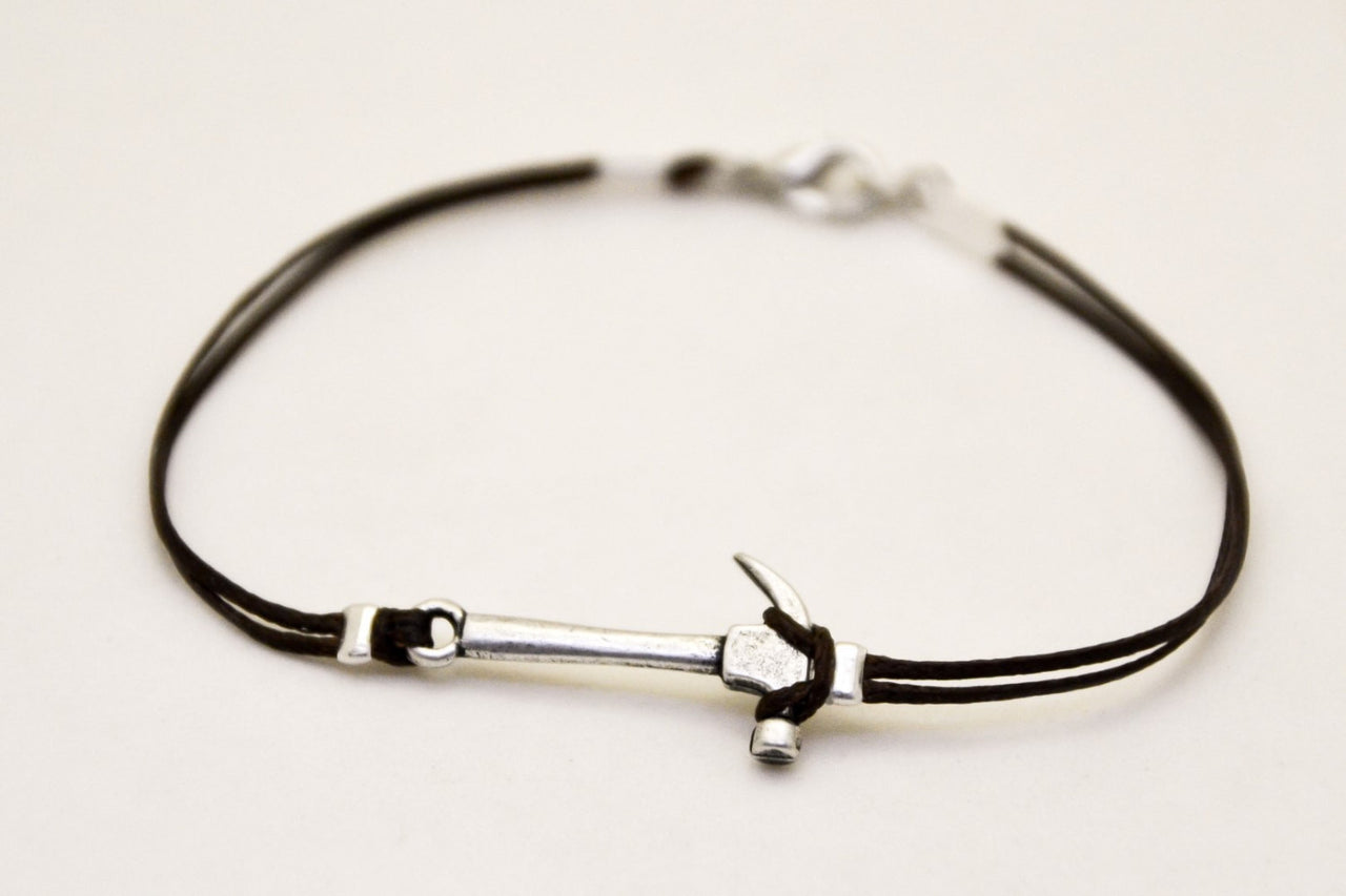 Silver hammer bracelet for men, brown cords - shani-adi-jewerly