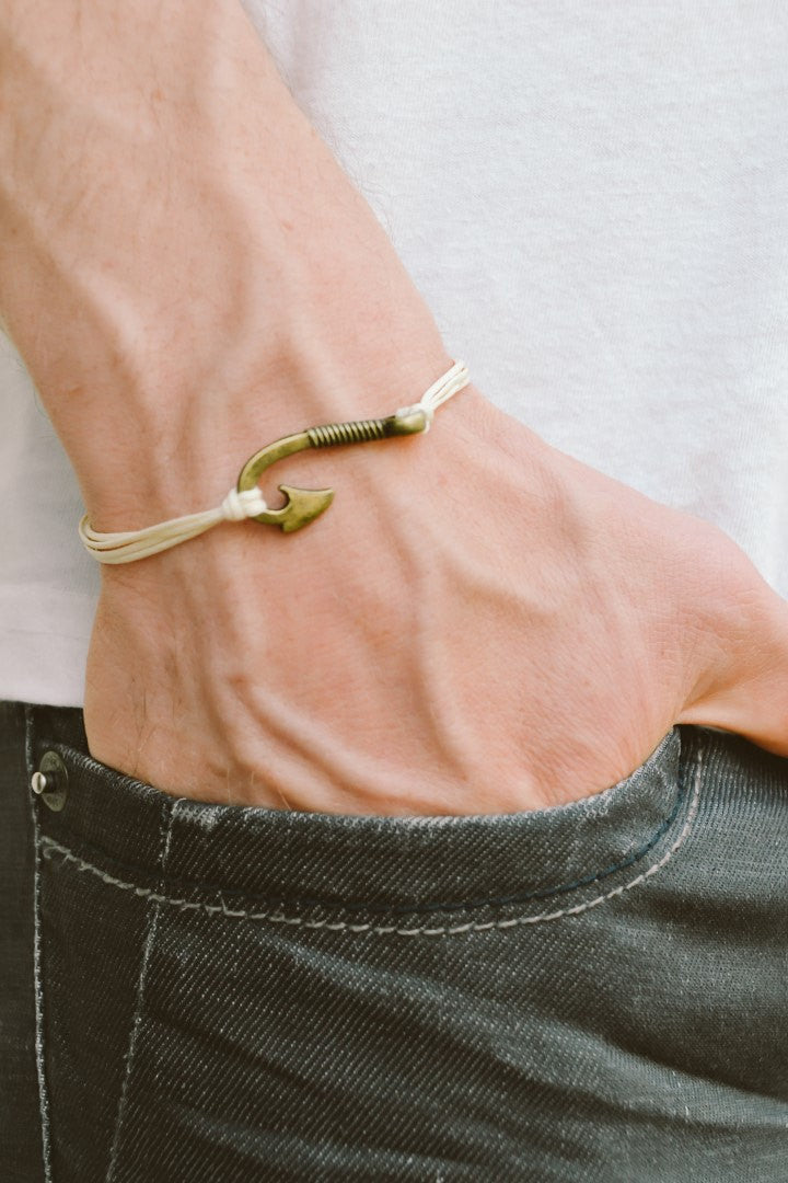 Fish hook charm bracelet for men, bronze hook, beige string, custom color,  gift wrapped handmade