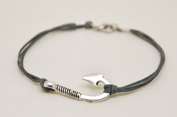Gray cord bracelet for men with silver hook charm - shani-adi-jewerly