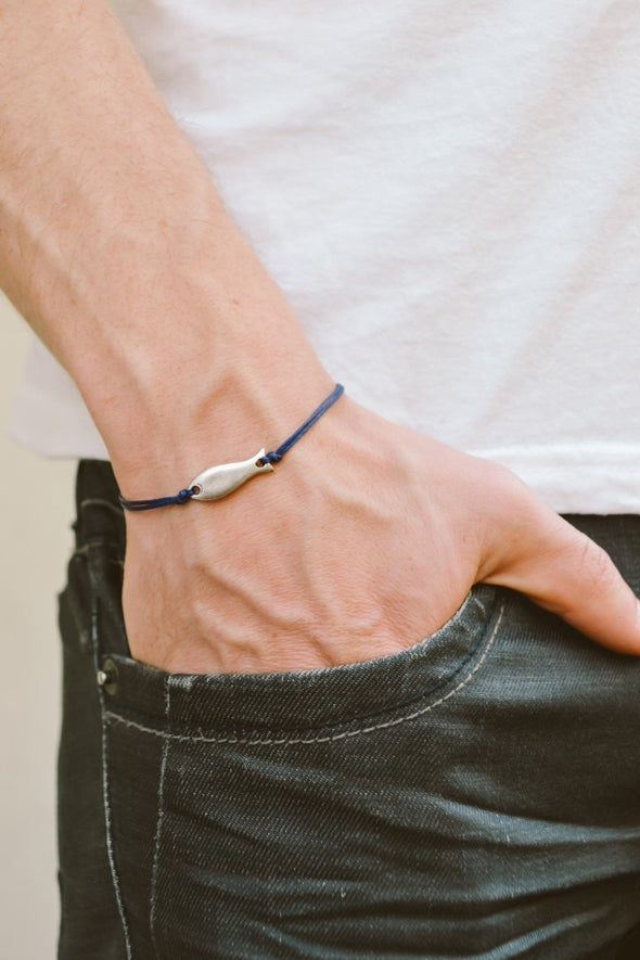 Blue bracelet for men with a silver plated Fish charm, fathers day gift for him - shani-adi-jewerly