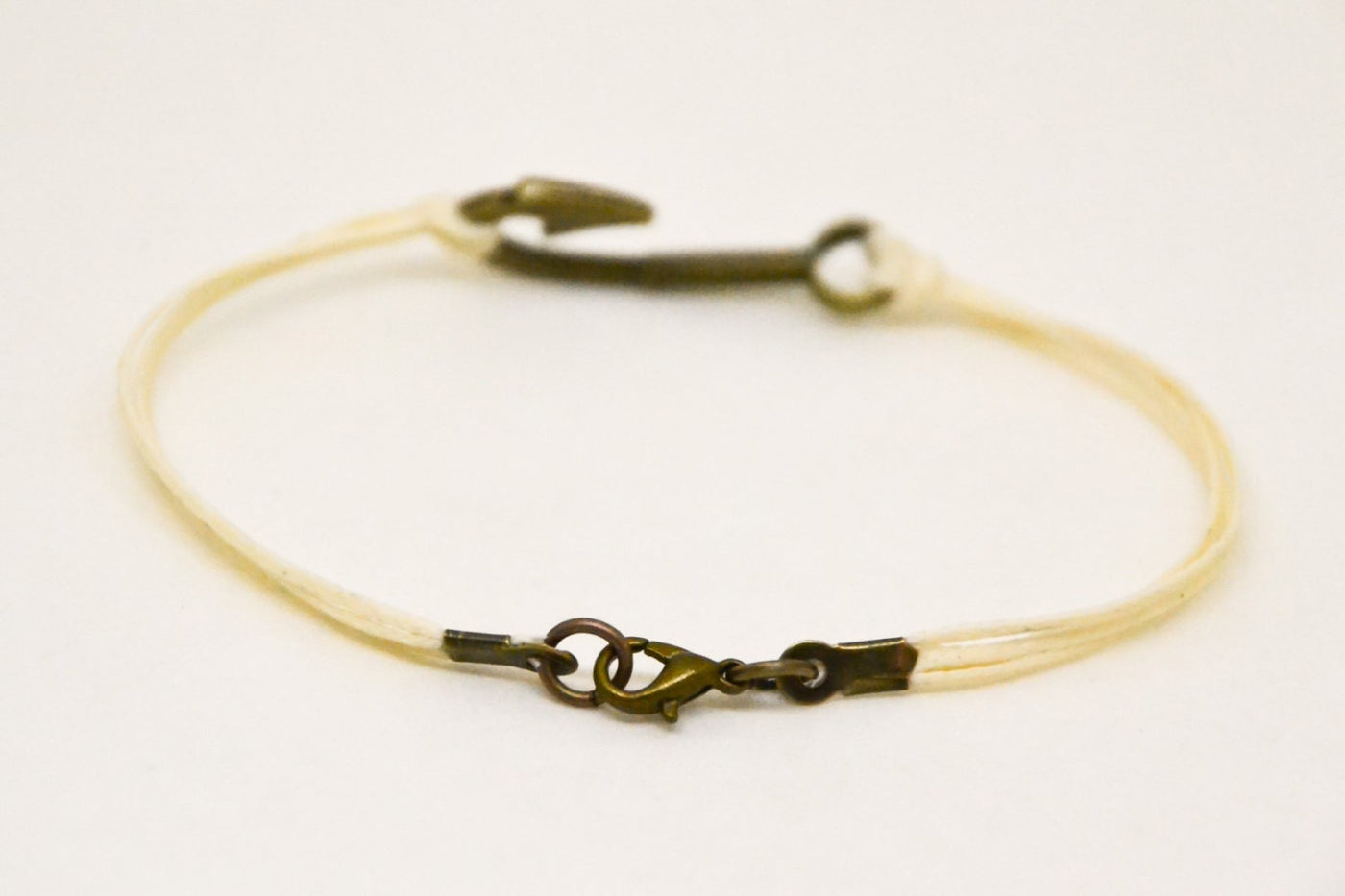 Men's bracelet, fish hook bracelet for men, beige cord with bronze