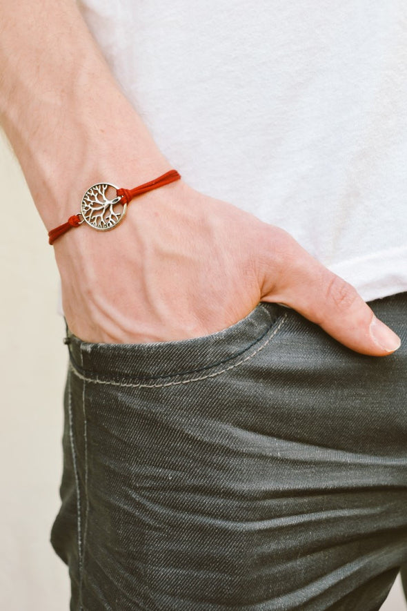 Tree of life bracelet for men, red cord - shani-adi-jewerly