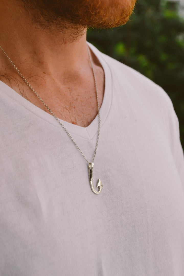 Stainless steel chain silver tone Hook necklace for men, gift for him
