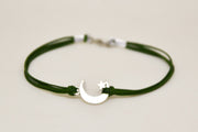 Men's bracelet with silver crescent moon charm, green cord - shani-adi-jewerly