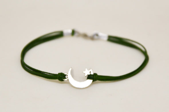 Men's bracelet with silver crescent moon charm, green cord - shani-adi-jewerly