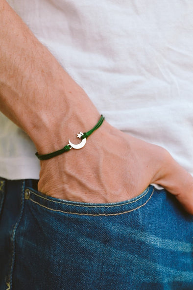 Men's bracelet with silver crescent moon charm, green cord - shani-adi-jewerly