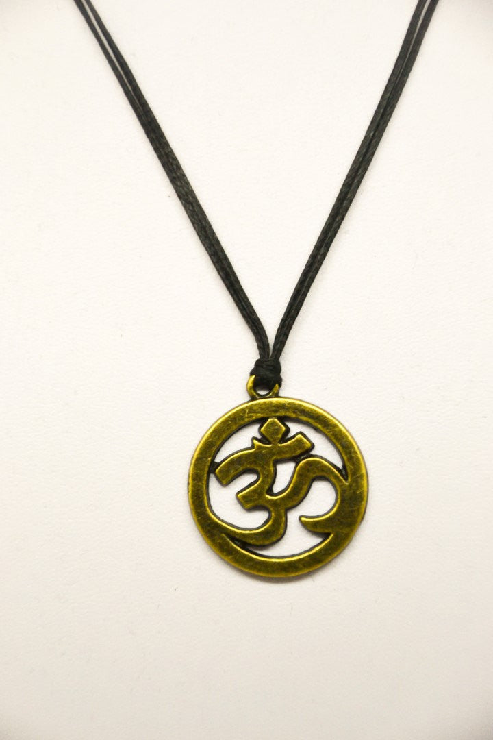 Men's necklace with a black cord and a bronze ohm pendant, Om