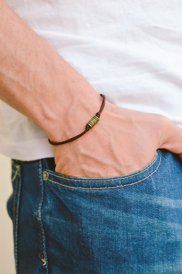 Brown cord bracelet for men, bronze tube - shani-adi-jewerly