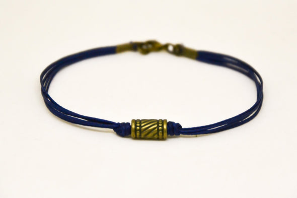 Bronze tube bracelet for men, blue cord - shani-adi-jewerly