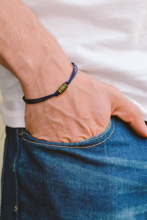 Bronze tube bracelet for men, blue cord - shani-adi-jewerly