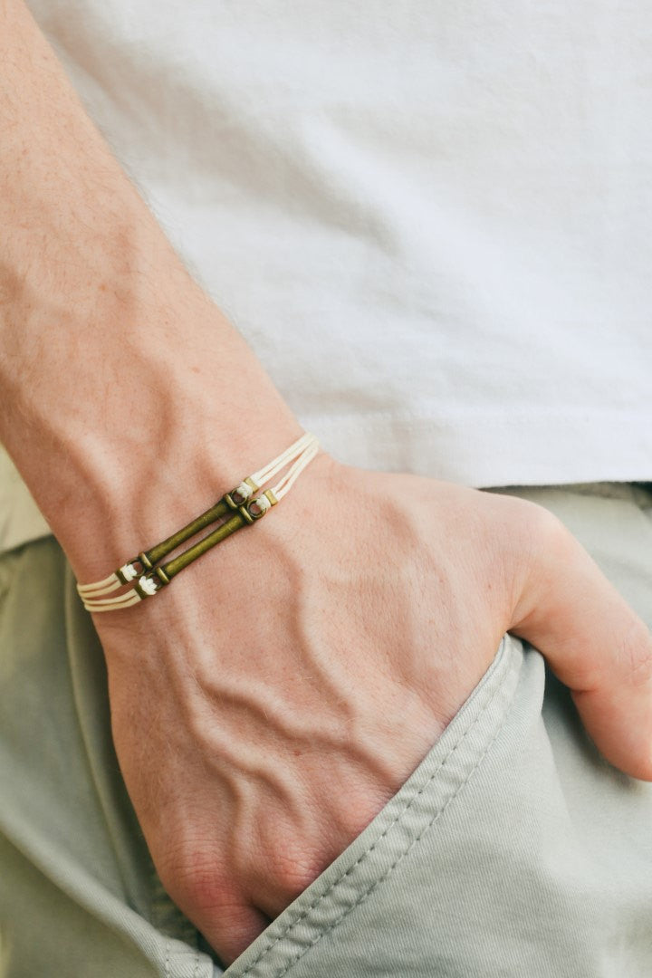 Double bronze bars bracelet for men, beige cord - shani-adi-jewerly