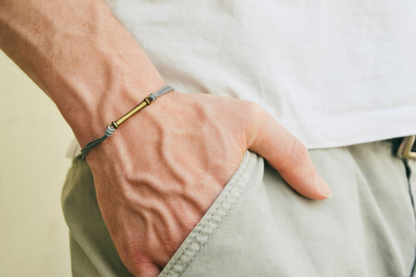 Mens designer bracelets - Bronze bar bracelet for men, grey cord - shani-adi-jewerly