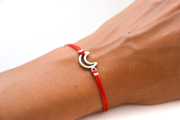 Red cord bracelet with a silver crescent moon charm - shani-adi-jewerly
