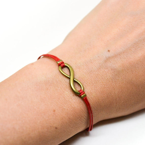 Red cord bracelet with a bronze endless infinity charm - shani-adi-jewerly
