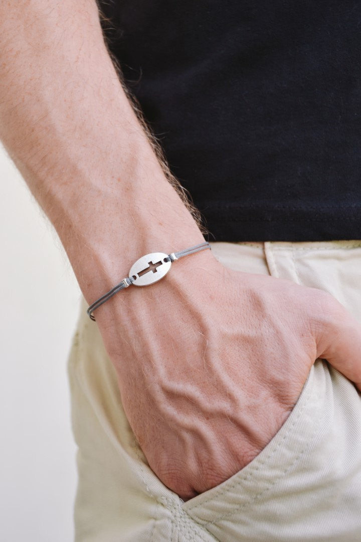 Silver Cross bracelet for men, gray cord, - shani-adi-jewerly