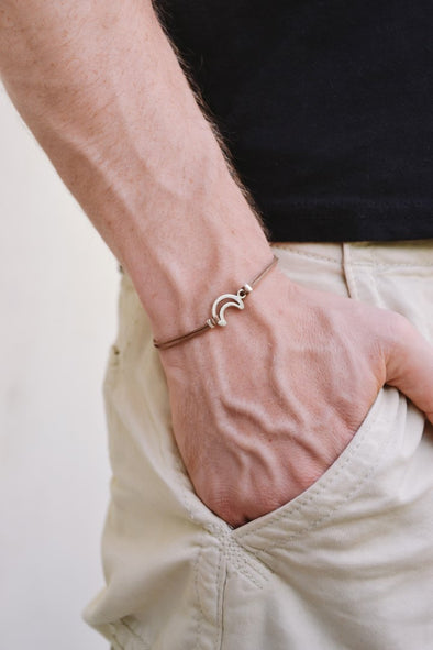 Crescent moon bracelet for men, brown cord - shani-adi-jewerly